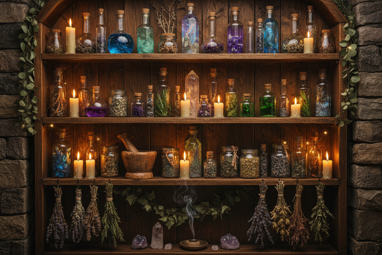 Witchy as other with bottles and herbs on shelf